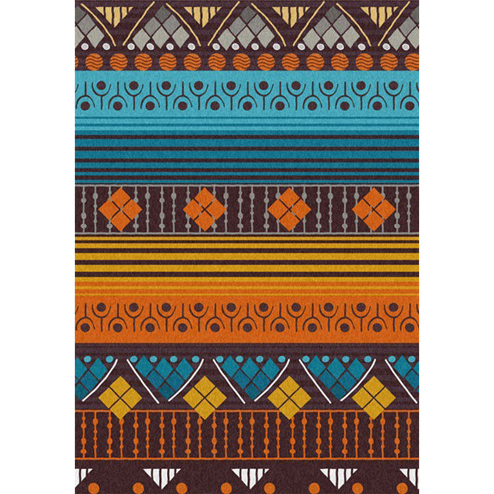 Lisslune | Stamm geometric striped pattern rug brown and blue vintage rug polyester washable non-slip backing rug for bedroom