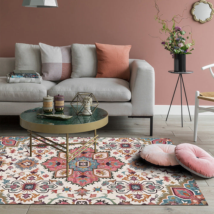 Lisslune | Pink Mediterranean Carpet Polyester Flower and Medallion Pattern Carpet Washable Non-Slip Back Carpet for Living Room