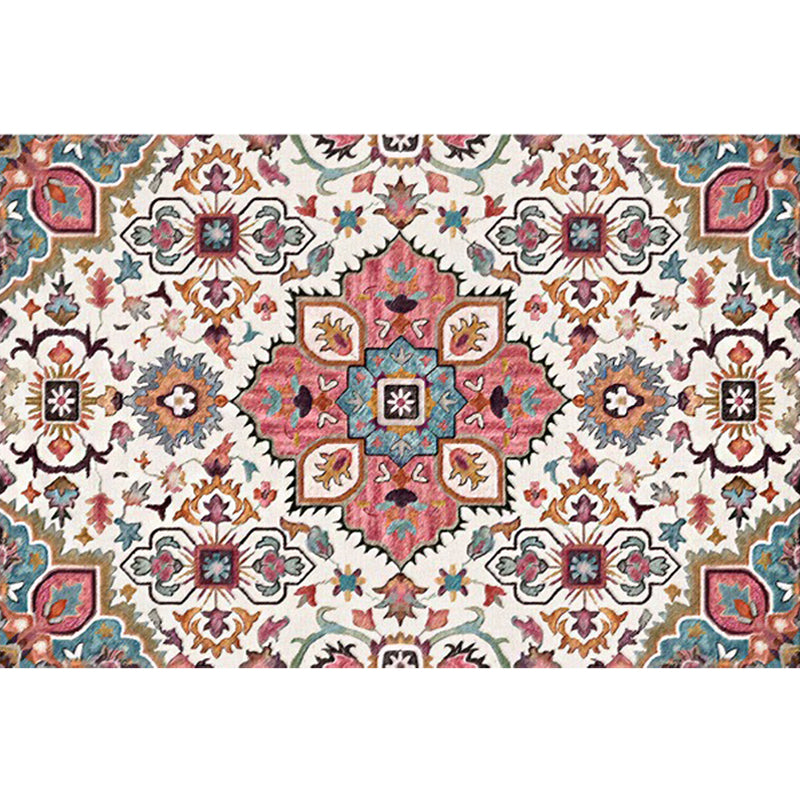 Lisslune | Pink Mediterranean Carpet Polyester Flower and Medallion Pattern Carpet Washable Non-Slip Back Carpet for Living Room