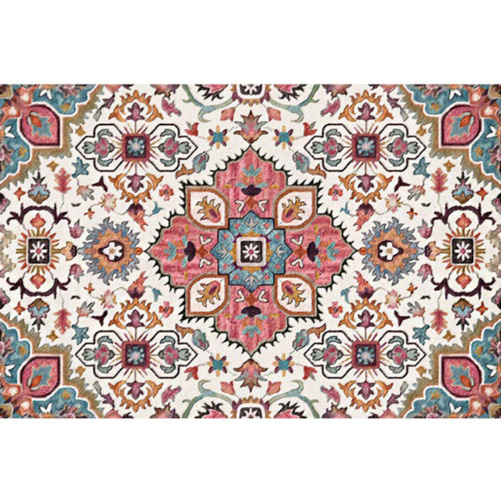 Lisslune | Pink Mediterranean Carpet Polyester Flower and Medallion Pattern Carpet Washable Non-Slip Back Carpet for Living Room