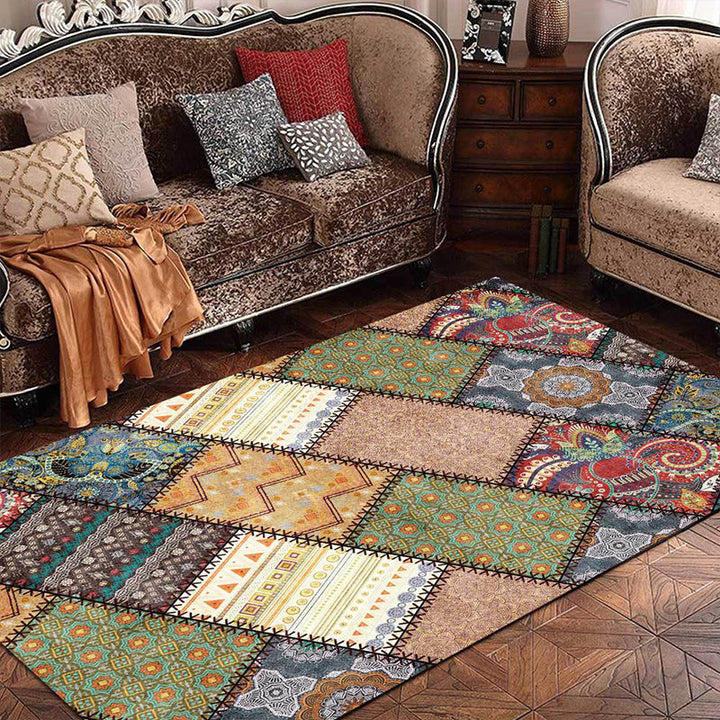Lisslune | Unique tribal pattern carpet red and gray vintage carpet polyester washable non-slip backing living room carpet for the bedroom
