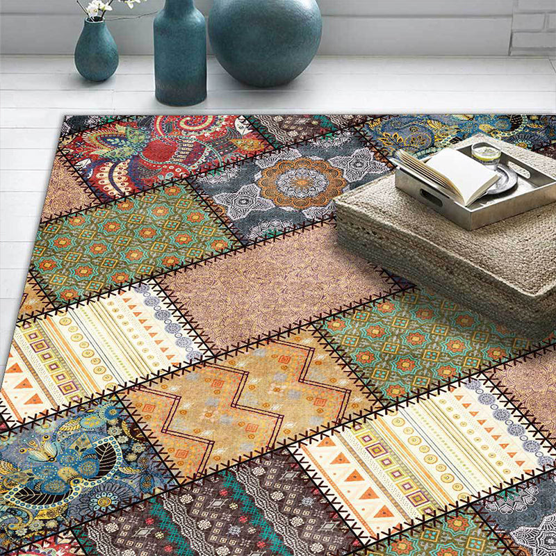 Lisslune | Unique tribal pattern carpet red and gray vintage carpet polyester washable non-slip backing living room carpet for the bedroom