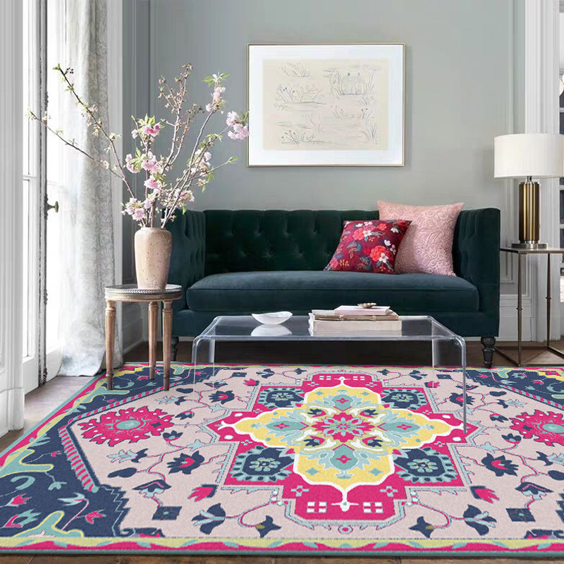 Lisslune | Pink and Blue Mediterranean Carpet Polyester Medallion Pattern Carpet Washable Non-Slip Backing Carpet for Living Room