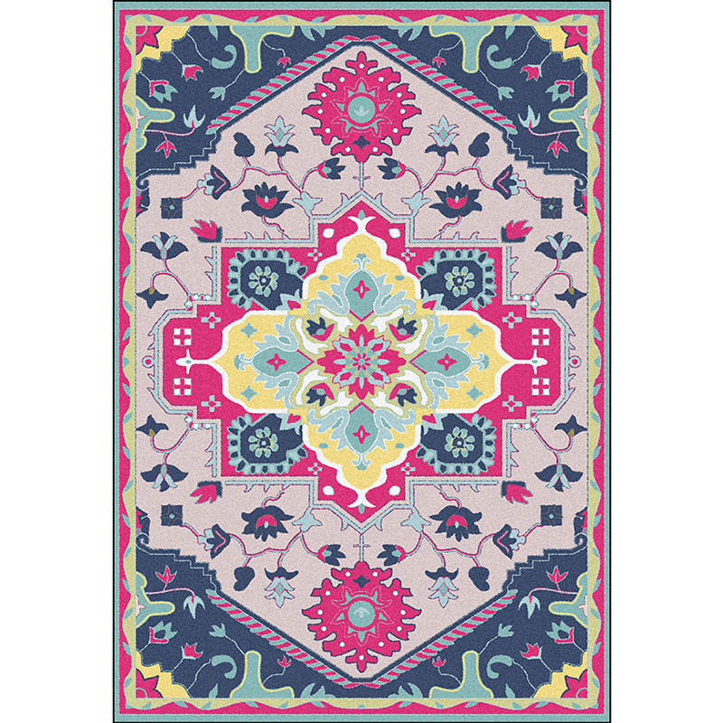 Lisslune | Pink and Blue Mediterranean Carpet Polyester Medallion Pattern Carpet Washable Non-Slip Backing Carpet for Living Room
