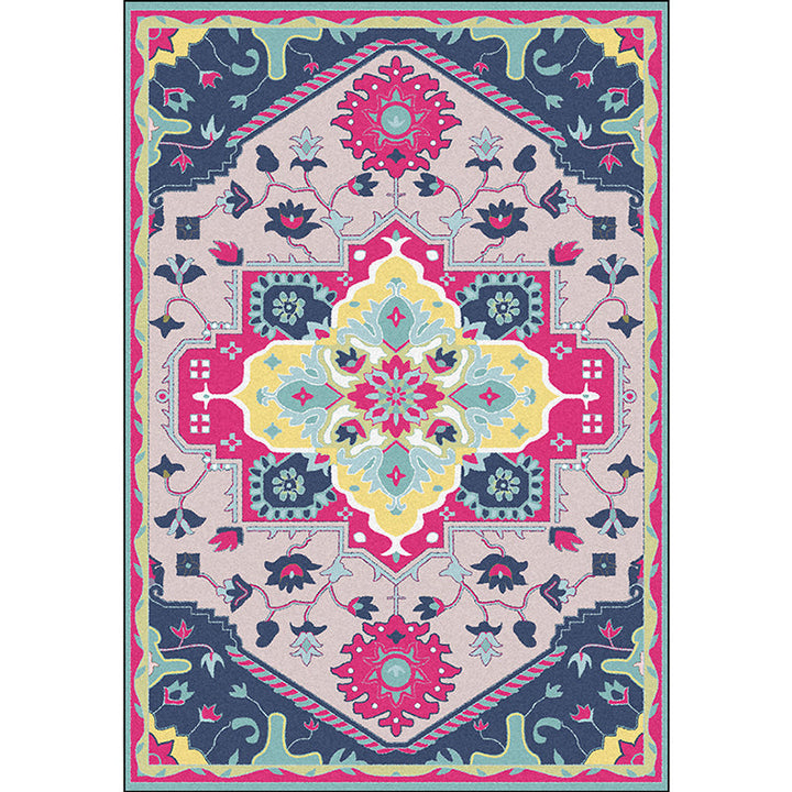 Lisslune | Pink and Blue Mediterranean Carpet Polyester Medallion Pattern Carpet Washable Non-Slip Backing Carpet for Living Room