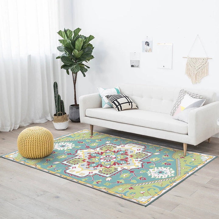 Lisslune | Pink and Blue Mediterranean Carpet Polyester Medallion Pattern Carpet Washable Non-Slip Backing Carpet for Living Room