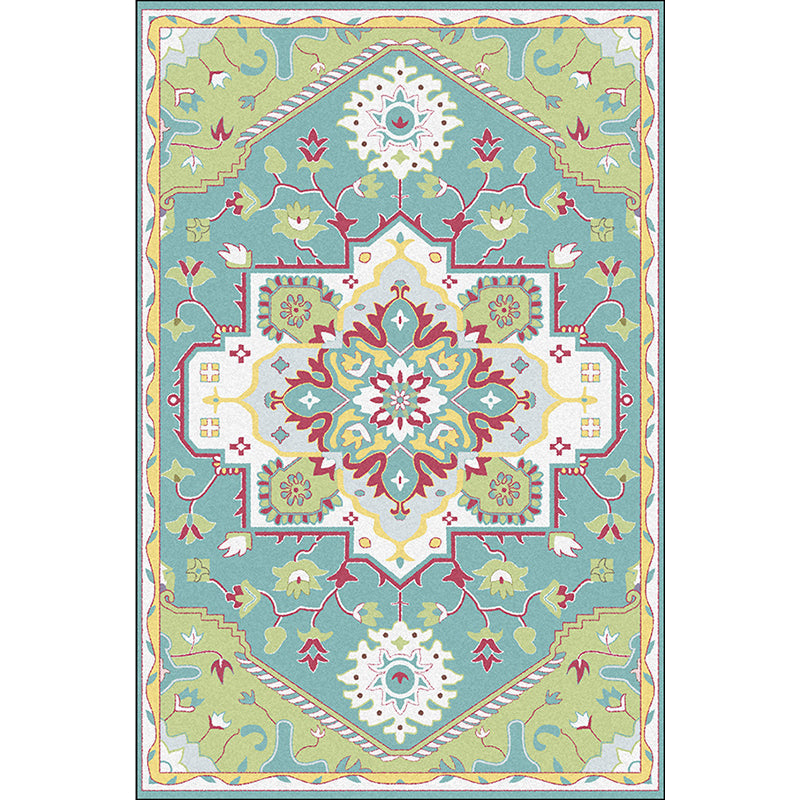 Lisslune | Pink and Blue Mediterranean Carpet Polyester Medallion Pattern Carpet Washable Non-Slip Backing Carpet for Living Room