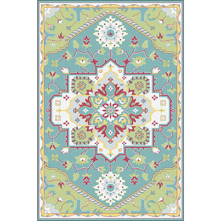 Lisslune | Pink and Blue Mediterranean Carpet Polyester Medallion Pattern Carpet Washable Non-Slip Backing Carpet for Living Room