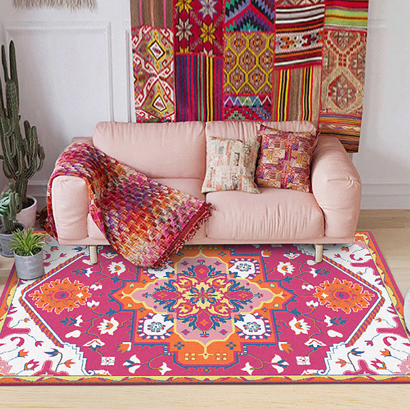 Lisslune | Pink and Blue Mediterranean Carpet Polyester Medallion Pattern Carpet Washable Non-Slip Backing Carpet for Living Room