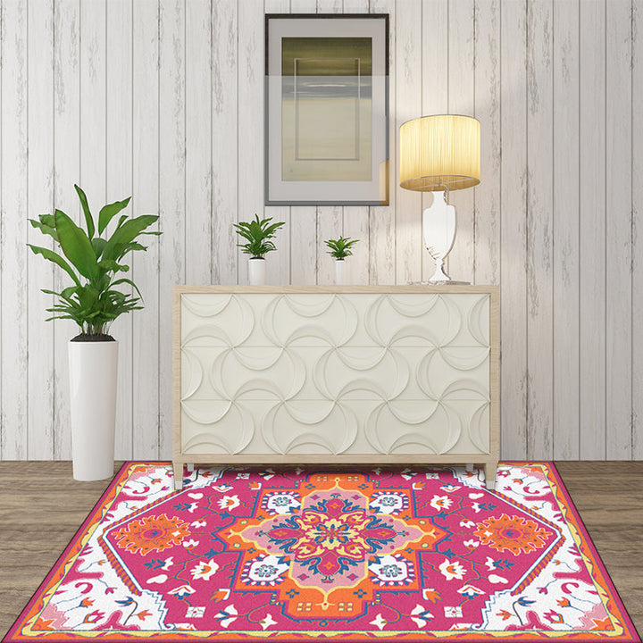 Lisslune | Pink and Blue Mediterranean Carpet Polyester Medallion Pattern Carpet Washable Non-Slip Backing Carpet for Living Room