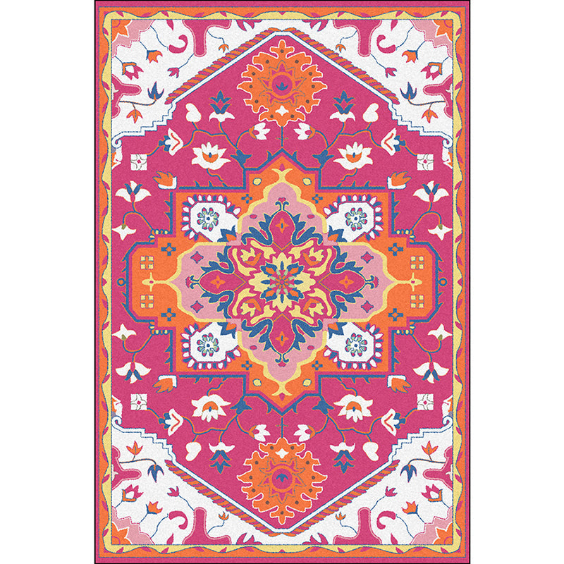 Lisslune | Pink and Blue Mediterranean Carpet Polyester Medallion Pattern Carpet Washable Non-Slip Backing Carpet for Living Room