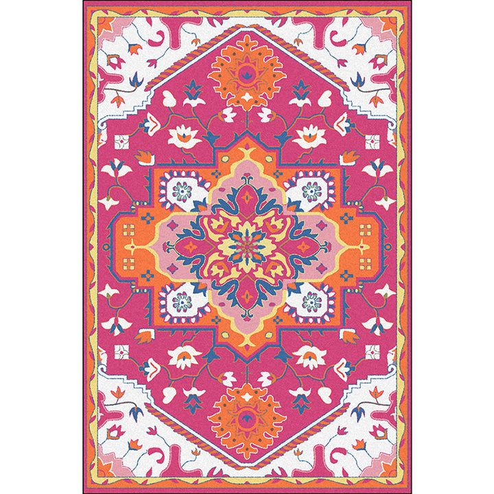 Lisslune | Pink and Blue Mediterranean Carpet Polyester Medallion Pattern Carpet Washable Non-Slip Backing Carpet for Living Room
