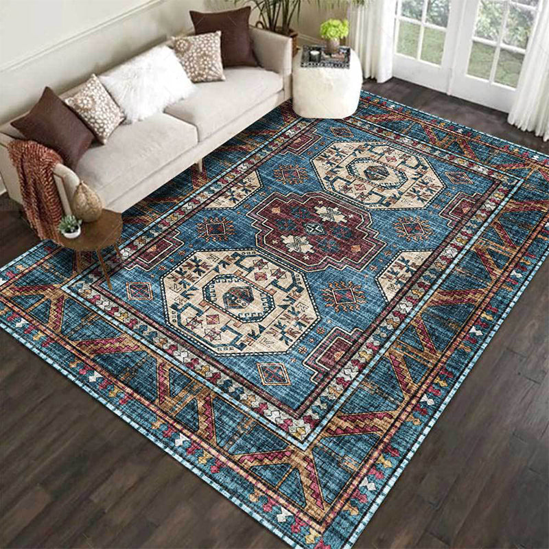 Lisslune | Moroccan Medallion Pattern Rug Blue Polyester Rug Machine Washable Non-Slip Area Rug for Living Room