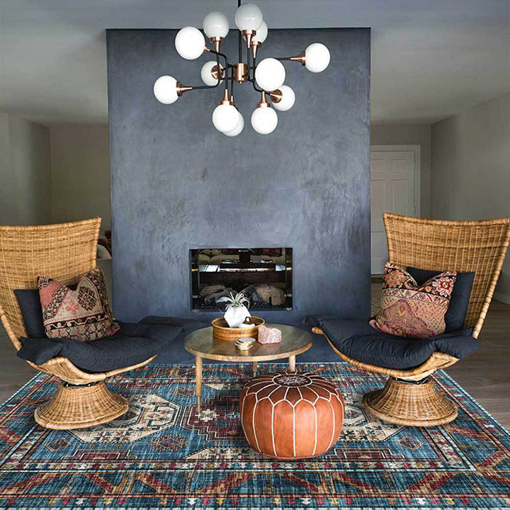 Lisslune | Moroccan Medallion Pattern Rug Blue Polyester Rug Machine Washable Non-Slip Area Rug for Living Room