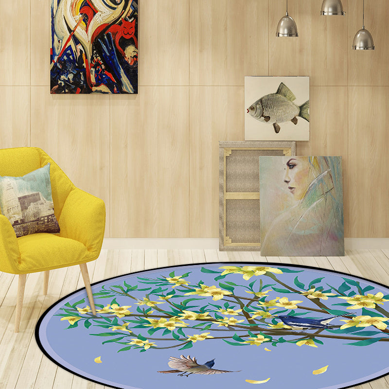 Lisslune | Unique Flower Pattern Carpet with Bird and Leaf Purple and Yellow Oriental Carpet Polyester Washable Non-Slip Back Area Rug for Bedroom