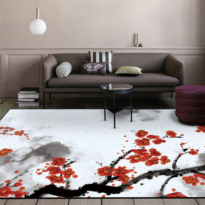 Lisslune | Red and White Oriental Carpet Polyester Ink Wash Paint Pattern Carpet Washable Nonslip Back Carpet for Bedroom