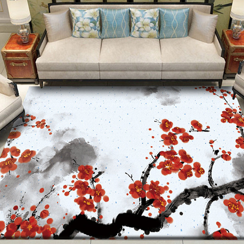Lisslune | Red and White Oriental Carpet Polyester Ink Wash Paint Pattern Carpet Washable Nonslip Back Carpet for Bedroom