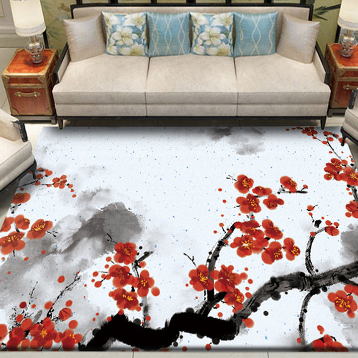 Lisslune | Red and White Oriental Carpet Polyester Ink Wash Paint Pattern Carpet Washable Nonslip Back Carpet for Bedroom