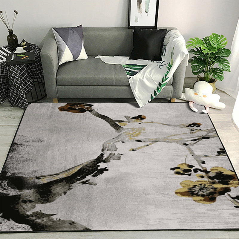 Lisslune | Retro Ink Wash Painting Rug with Floral Khaki Oriental Carpet Washable Polyester Non-slip Backing Area Rug for Bedroom