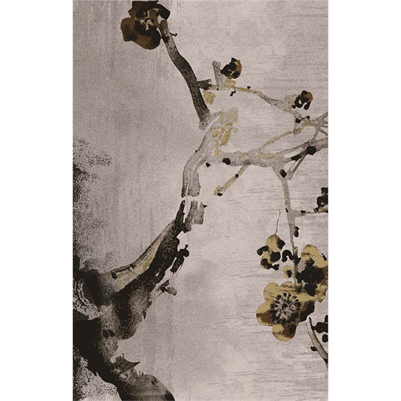 Lisslune | Retro Ink Wash Painting Rug with Floral Khaki Oriental Carpet Washable Polyester Non-slip Backing Area Rug for Bedroom