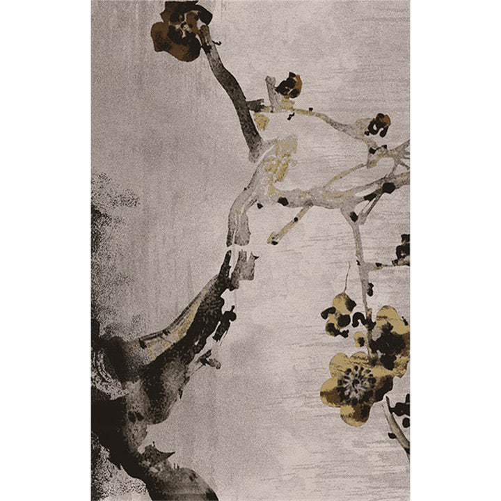 Lisslune | Retro Ink Wash Painting Rug with Floral Khaki Oriental Carpet Washable Polyester Non-slip Backing Area Rug for Bedroom