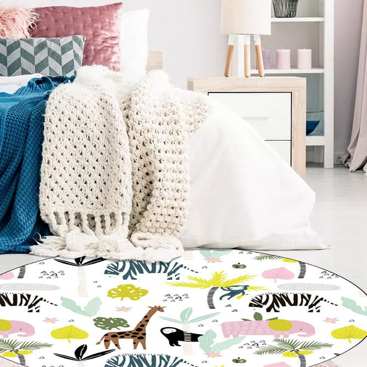 Lisslune | White Children's Room Rug Kids Animal Giraffe Zebra Elephant Pattern Area Rug Polyester Non-Slip Underlay Rug