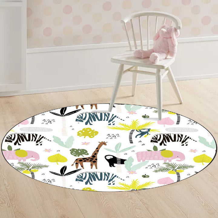 Lisslune | White Children's Room Rug Kids Animal Giraffe Zebra Elephant Pattern Area Rug Polyester Non-Slip Underlay Rug
