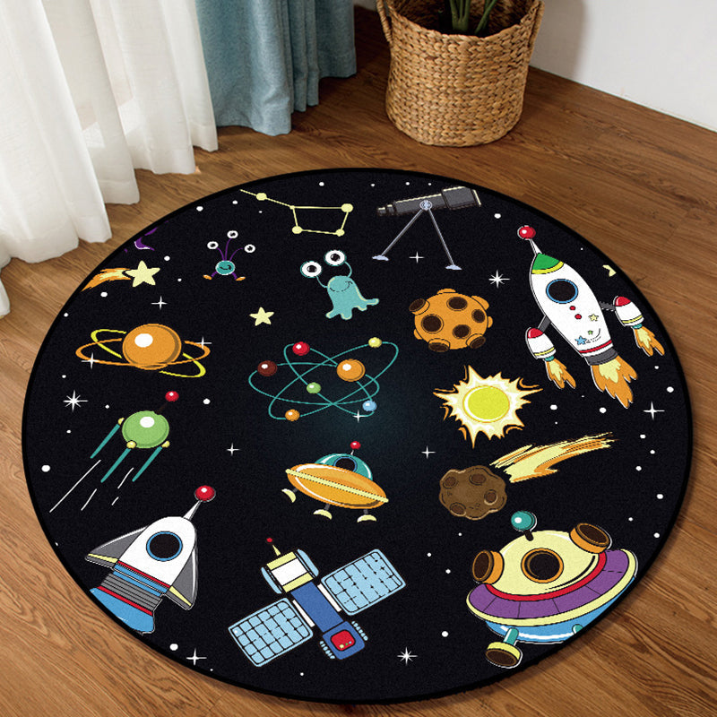 Lisslune | Unique Children's Carpet in Black Outdoor Space Airplane Planet Star Patterns Carpet Polyester Pet Friendly Area Rug for Children's Room