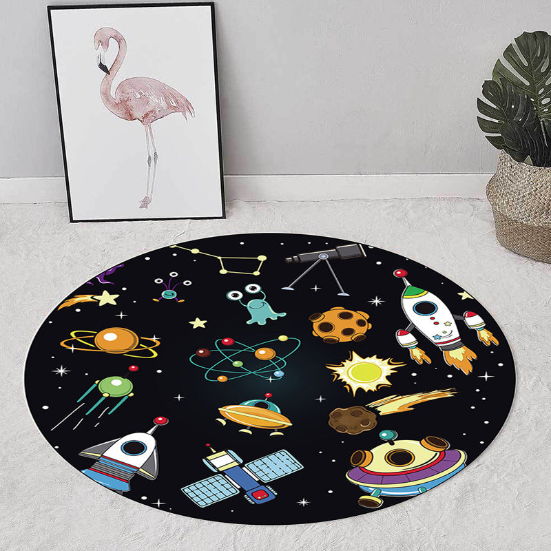 Lisslune | Unique Children's Carpet in Black Outdoor Space Airplane Planet Star Patterns Carpet Polyester Pet Friendly Area Rug for Children's Room
