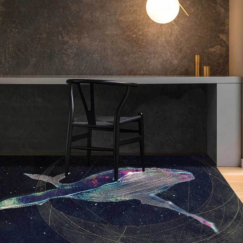Lisslune | Kids Room Carpet in Black Extraterrestrial Star Whale Print Carpet Polyester Nonslip Back Washable Area Rug