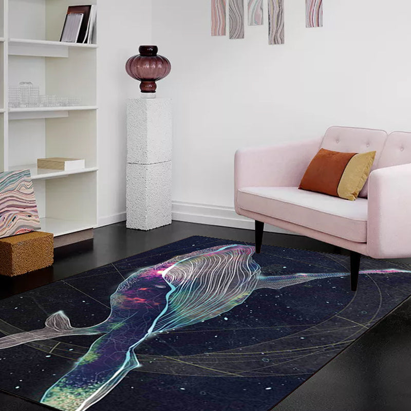 Lisslune | Kids Room Carpet in Black Extraterrestrial Star Whale Print Carpet Polyester Nonslip Back Washable Area Rug