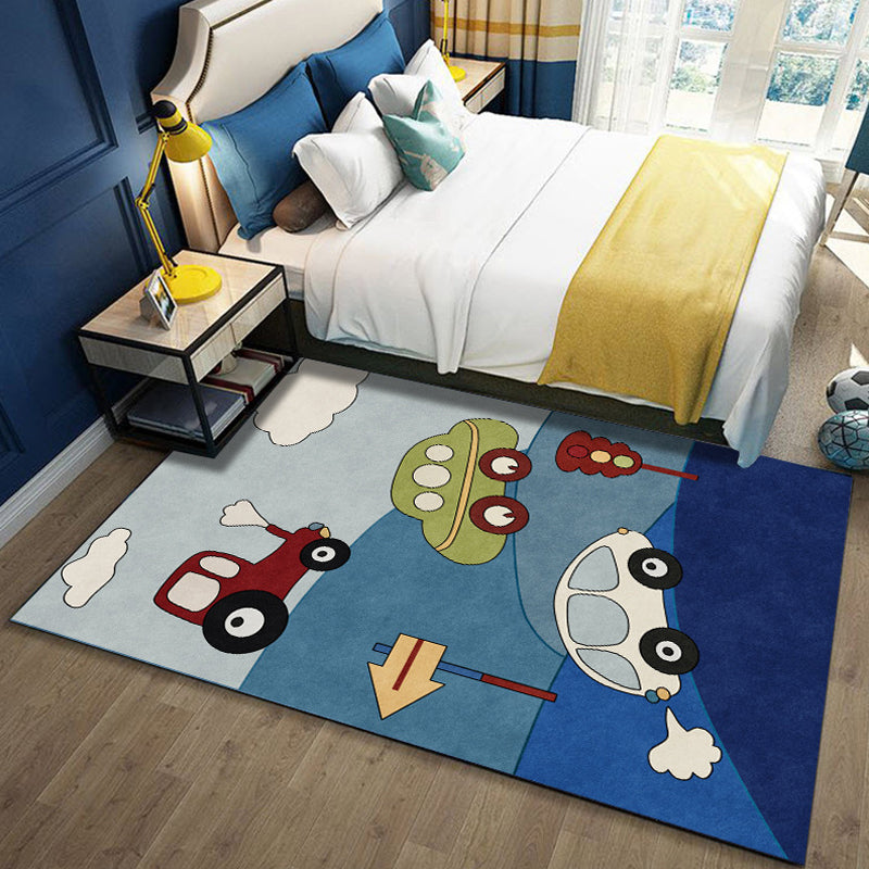 Lisslune | Blue Children's Room Carpet Kids Cars & Roads Signal Cloud Pattern Area Rug Polyester Washable Pet Friendly Rug
