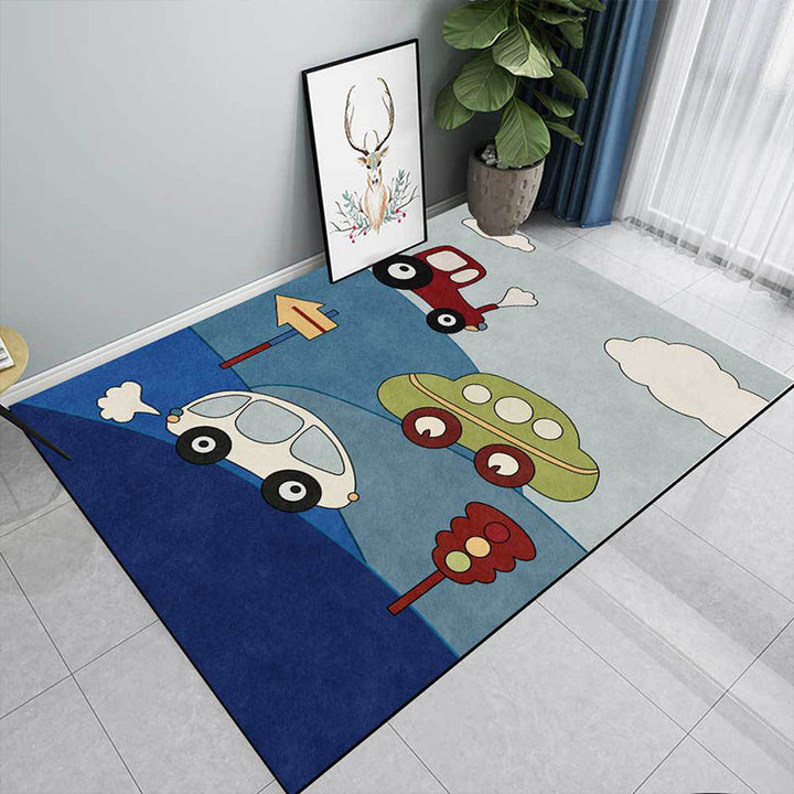 Lisslune | Blue Children's Room Carpet Kids Cars & Roads Signal Cloud Pattern Area Rug Polyester Washable Pet Friendly Rug