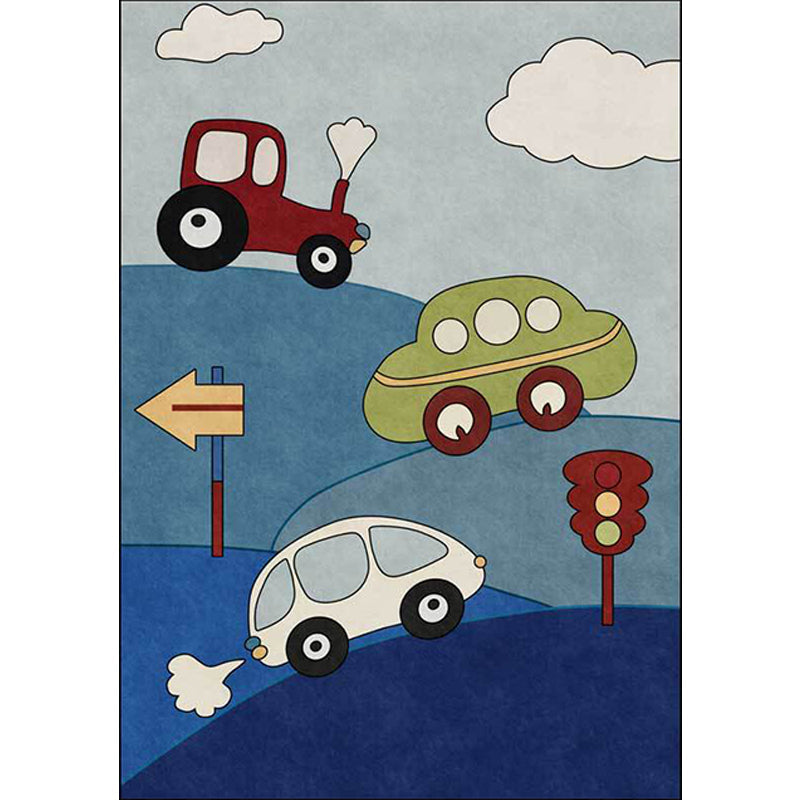 Lisslune | Blue Children's Room Carpet Kids Cars & Roads Signal Cloud Pattern Area Rug Polyester Washable Pet Friendly Rug
