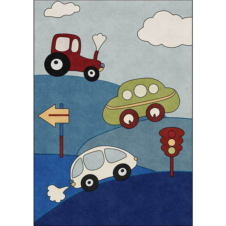 Lisslune | Blue Children's Room Carpet Kids Cars & Roads Signal Cloud Pattern Area Rug Polyester Washable Pet Friendly Rug