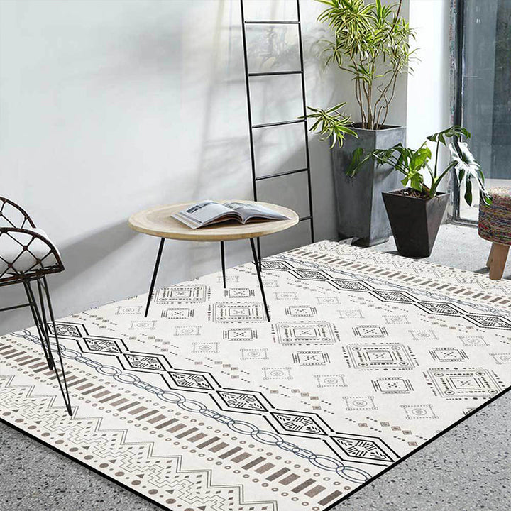 Lisslune | Classic Geometric Pattern Carpet White Vintage Carpet Polyester Washable Non-Slip Back Carpet for Bedroom