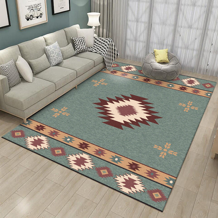 Lisslune | Green Tribal Rug Polyester Tribal Pattern Rug Washable Non-Slip Underlay Rug for the Living Room