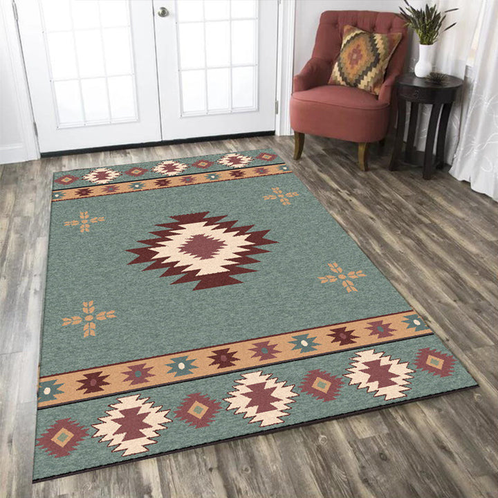 Lisslune | Green Tribal Rug Polyester Tribal Pattern Rug Washable Non-Slip Underlay Rug for the Living Room