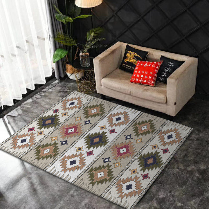 Lisslune | Classic geometric pattern rug Green and White Vintage rug Polyester Washable Non-slip backing Rug for bedroom