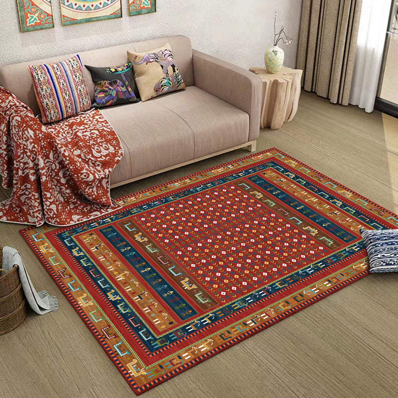 Lisslune | Traditional Tribal Pattern Carpet Red Vintage Carpet Polyester Washable Non-Slip Back Carpet for Bedroom