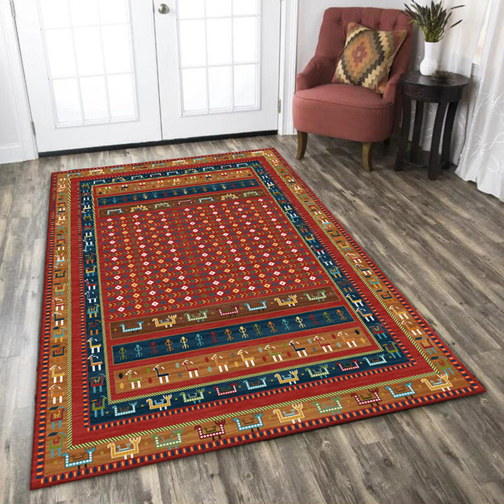 Lisslune | Traditional Tribal Pattern Carpet Red Vintage Carpet Polyester Washable Non-Slip Back Carpet for Bedroom