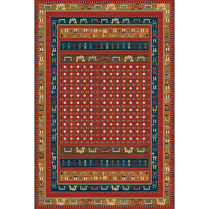 Lisslune | Traditional Tribal Pattern Carpet Red Vintage Carpet Polyester Washable Non-Slip Back Carpet for Bedroom