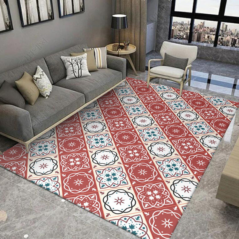 Lisslune | Classic Checkered Pattern Carpet with Floral Red Vintage Carpet made of Polyester washable with non-slip backing Carpet for the Bedroom