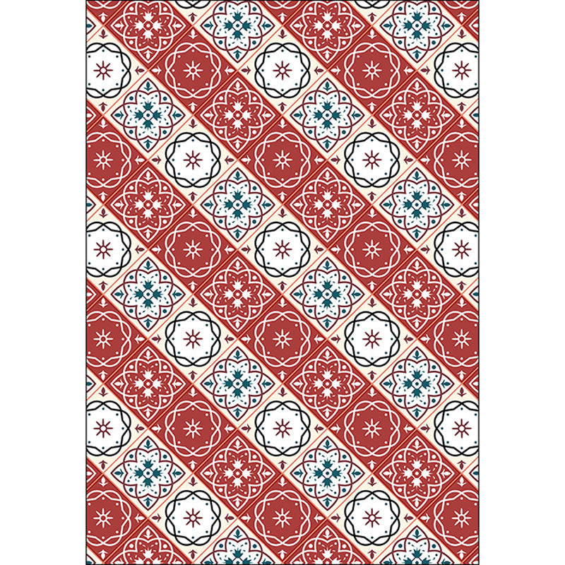 Lisslune | Classic Checkered Pattern Carpet with Floral Red Vintage Carpet made of Polyester washable with non-slip backing Carpet for the Bedroom