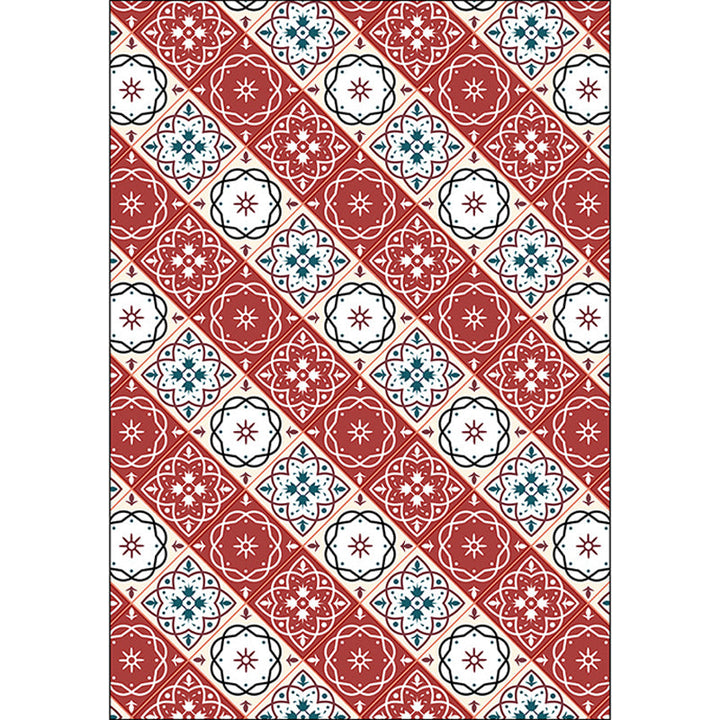 Lisslune | Classic Checkered Pattern Carpet with Floral Red Vintage Carpet made of Polyester washable with non-slip backing Carpet for the Bedroom