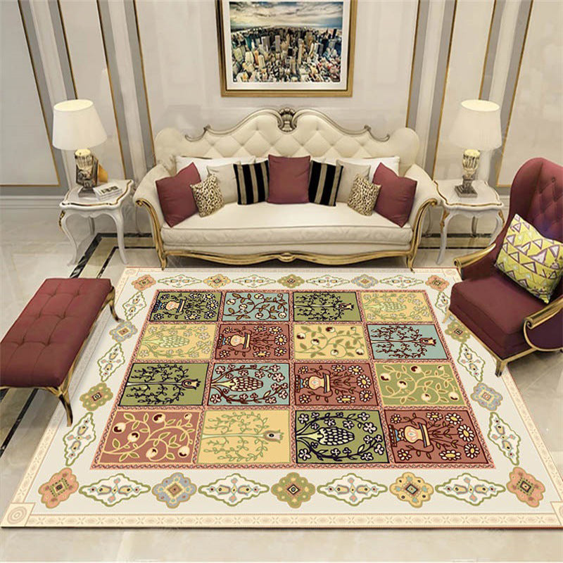 Lisslune | Persian checkered printed carpet with floral beige polyester carpet machine washable non-slip rug for the living room