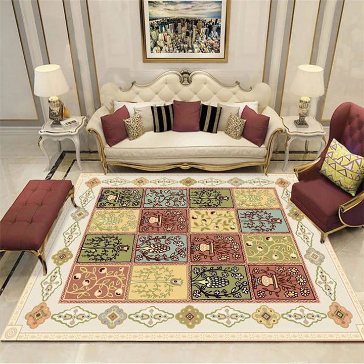 Lisslune | Persian checkered printed carpet with floral beige polyester carpet machine washable non-slip rug for the living room