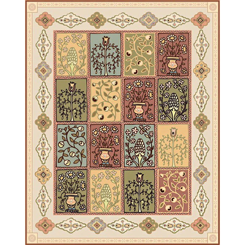 Lisslune | Persian checkered printed carpet with floral beige polyester carpet machine washable non-slip rug for the living room