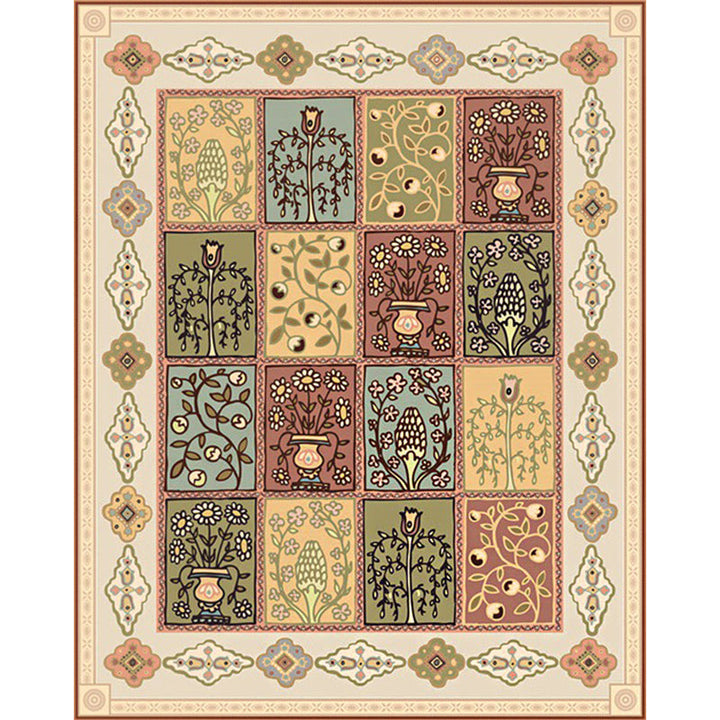 Lisslune | Persian checkered printed carpet with floral beige polyester carpet machine washable non-slip rug for the living room