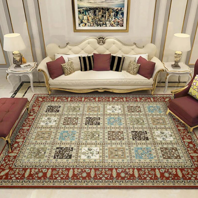 Lisslune | Red and Beige Moroccan Carpet Polyester Checked and Floral Pattern Carpet Washable Non-Slip Backing Carpet for Living Room